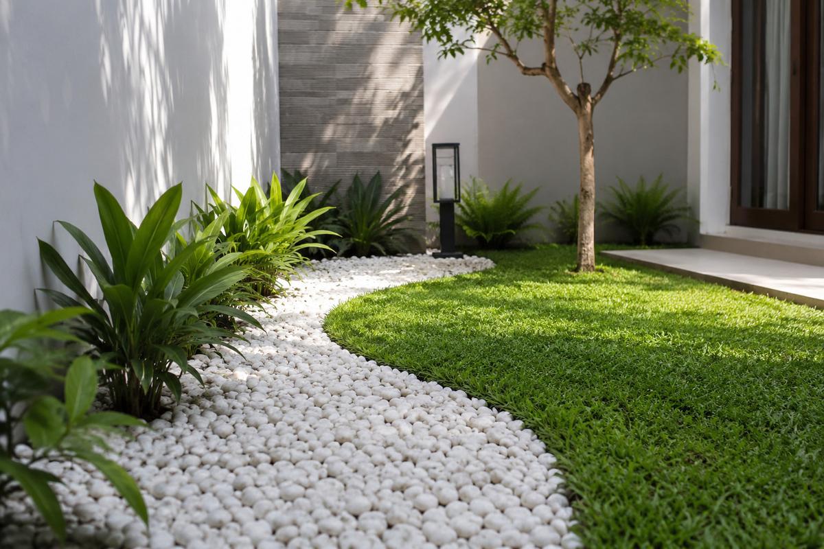 Inspirasi Kombinasi Batu Koral dan Rumput untuk Taman Minimalis