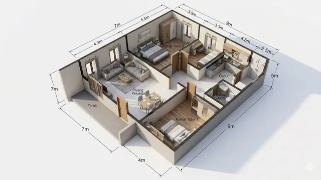 Denah Rumah 7x9 Meter