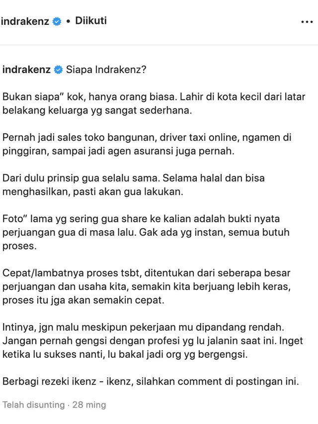 Unggahan Indra Kesuma alias Indra Kenz. (Foto: Dok. Instagram @indrakenz)