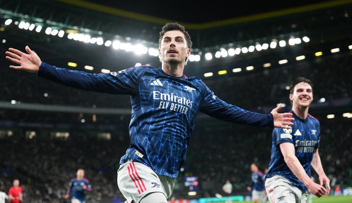 Pemain Arsenal, Kai Havertz, melakukan selebrasi setelah mencetak gol ke gawang Sporting CP pada leg pertama perempat final Liga Champions 2025/2026 di Estadio Jose Alvalade, Rabu (8/4/2026). (AP Photo/Armando Franca)