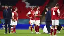 Reaksi para pemain Austria usai melawan Italia pada pertandingan babak 16 besar Euro 2020 di Stadion Wembley, London, Inggris, Sabtu (26/6/2021). Italia menang 2-1. (Ben Stansall/Pool Photo via AP)