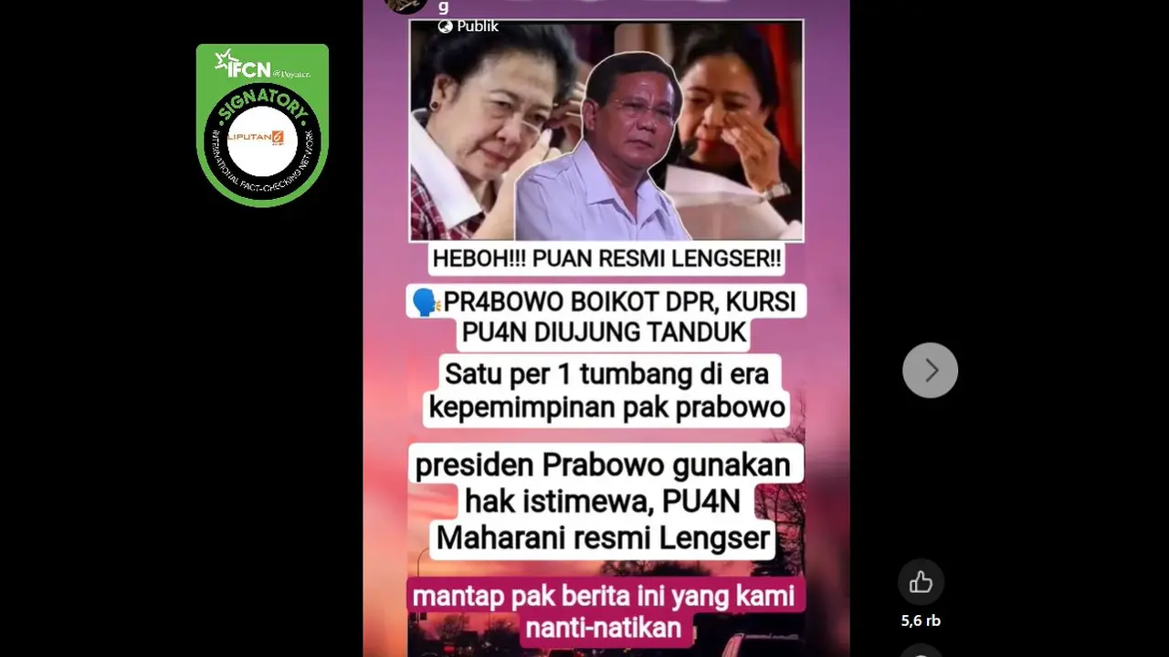 Tangkapan layar video klaim Ketua DPR Puan Maharani lengser. Simak faktanya.