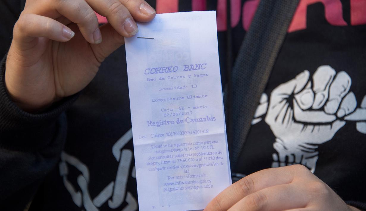 Seorang wanita menunjukkan bukti pendaftaran sebagai konsumen ganja di Montevideo, Urugay, Selasa (2/5). Mulai Juli, ganja bisa dengan mudah ditemukan di seluruh apotik di Uruguay yang dibanderol per gram sekitar Rp17 ribu. (Pablo PORCIUNCULA / AFP )