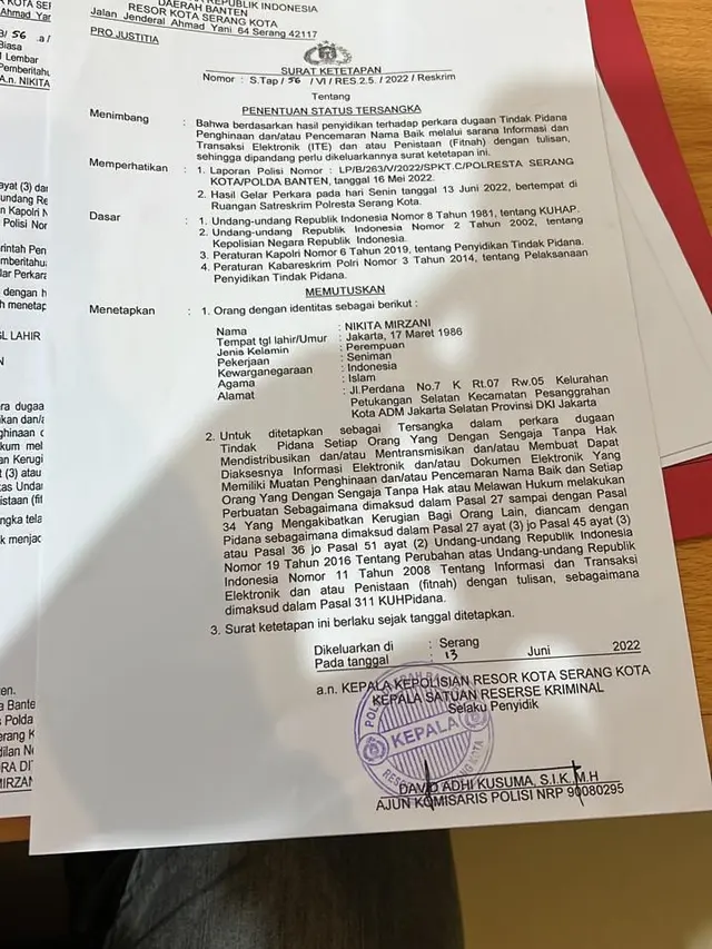 Surat keterangan Nikita Mirzani menjadi tersangka