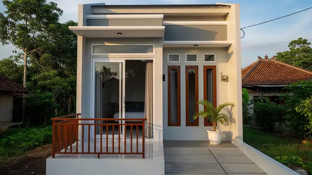 Desain Eksterior Rumah Kecil di Desa Tampak Modern Elegan