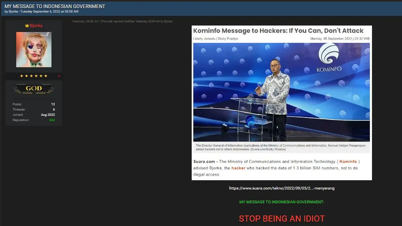 Tangkapan layar pesan hacker Bjorka untuk Kominfo di situs breached.to
