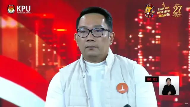 Cagub Jakarta nomor urut 1 Ridwan Kamil dalam debat perdana Pilkada Jakarta 2024, Minggu (6/10/2024) di JIExpo Kemayoran, Jakarta Pusat.