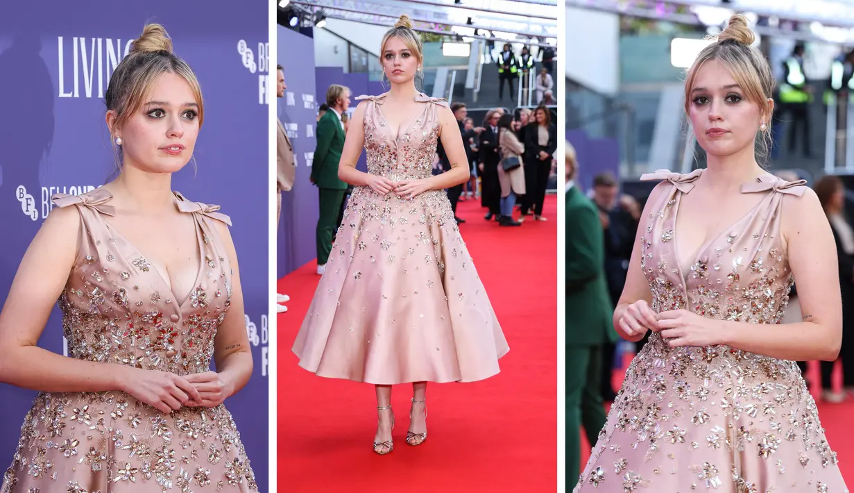 Foto kolase Aimee Lou Wood saat menghdiri pemutaran perdana film 'Living' selama Festival Film London 2022 di London, Minggu, 9 Oktober 2022. (Photo by Vianney Le Caer/Invision/AP)