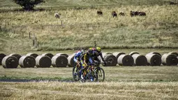 Para pebalap saling berebut menjadi terdepan pada balapan  Tour de France pada etape ke-16 dengan jarak 165 km dari Le Puy-en-Velay dan Romans-sur-Isere, (18/7/2017).  (AFP/Jeff Pachoud)