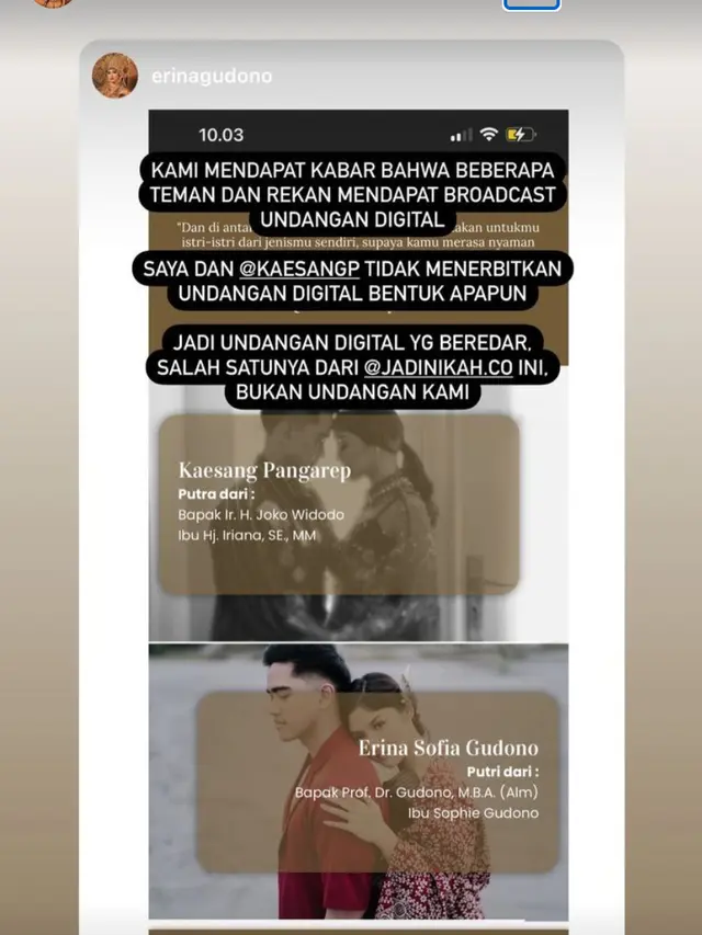 Klarifikasi Erina Gudono dan Kaesang Pangarep soal undangan digital resepsi pernikahan yang beredar Sabtu (26/11/2022). (Foto: Dok. Instagram @kaesangp)