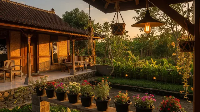 Ide Teras Estetik Memakai Bunga Hias dan Lampu Taman/AI Generated
