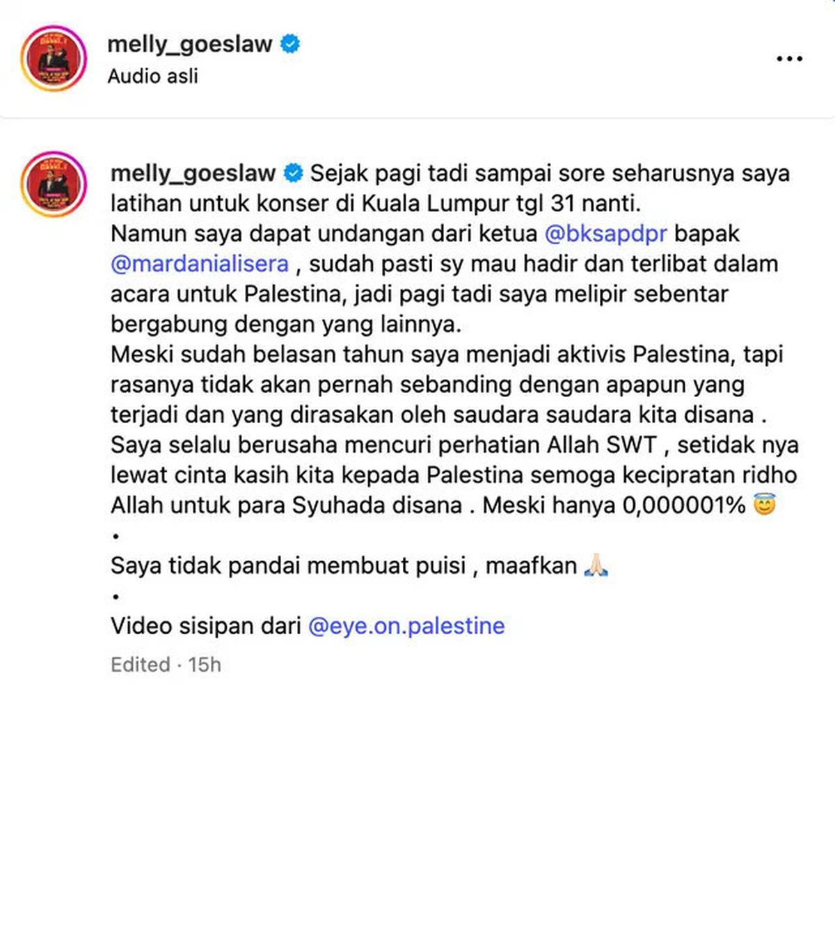 Melly Goeslaw Hadiri Undangan Mardani Ali Sera Dalam Aksi untuk Gaza, Kemanusiaan Tak Pandang Parpol
