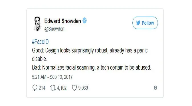 Kicauan Edward Snowden tentang fitur Face ID pada iPhone X (Foto: Ist)