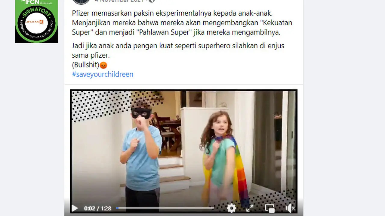 Klaim video iklan Pfizer menjanjikan anak yang divaksin memiliki kekuatan super (Facebook)