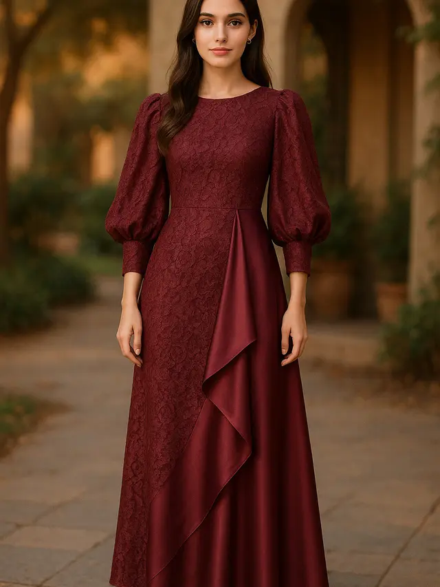 Model Long Dress Brokat Kombinasi Satin Asimetris Kekinian