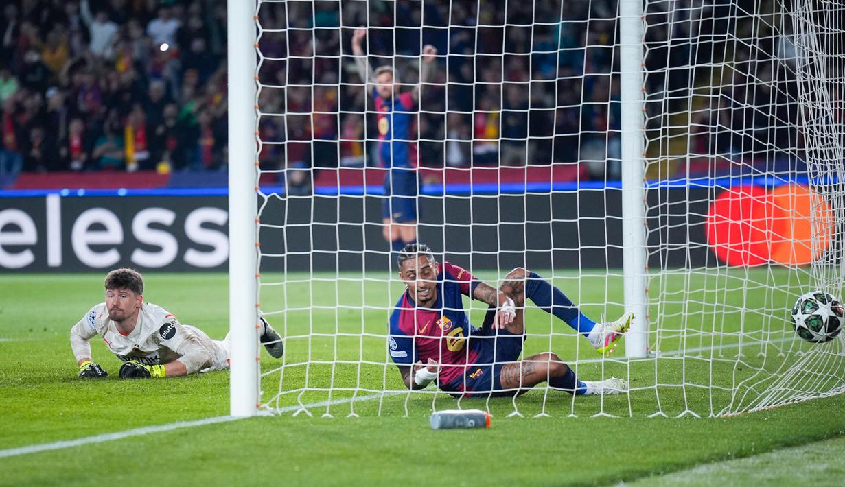 Teranyar mereka menjadikan Borussia Dortmund lumbung gol saat berlaga di laga leg pertama babak perempat final Liga Champions 2024/2025 di Estadi Olimpic Lluis Companys, Kamis (10/04/2025) dini hari WIB. (AP Photo/Emilio Morenatti)