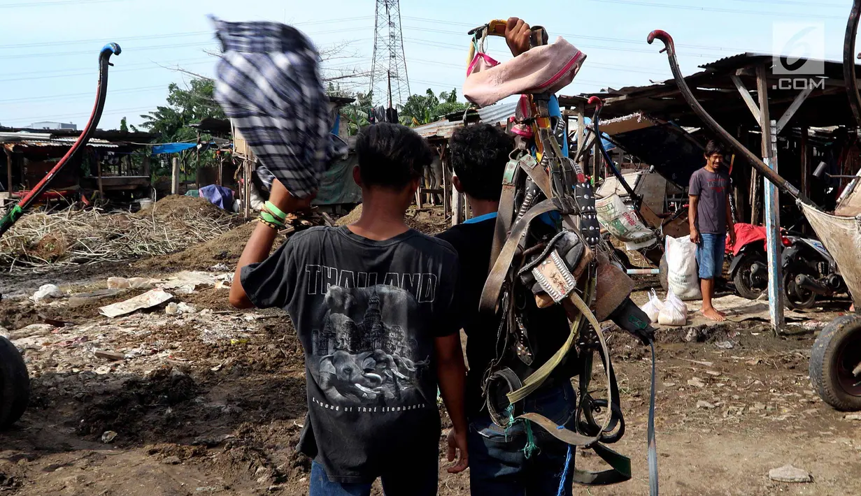 Kusir mempersiapkan peralatan andong di Kelurahan Jatinegara, Kec Cakung, Jakarta, Sabtu (27/1). Dengan menarik andong setiap harinya rata-rata kusir mendapatkan antara 30 - 100 ribu perharinya untuk menghidupi keluarganya. (Liputan6.com/Johan Tallo)