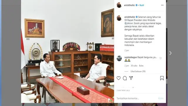 Ucapan ulang tahun dari Menteri BUMN Erick Thohir untuk Presiden Joko Widodo atau Jokowi.