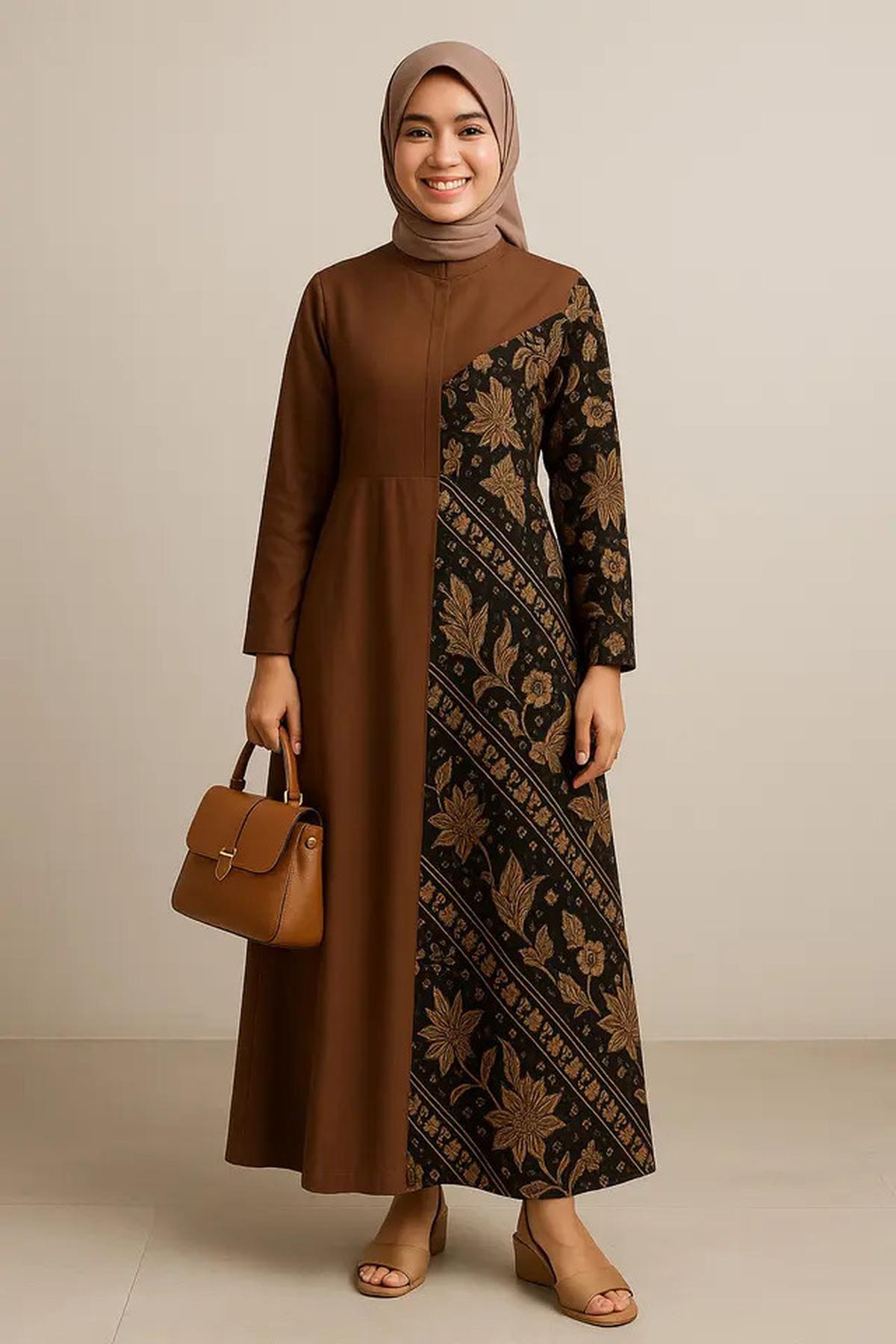 10 Model Gamis Batik Kombinasi Polos Kerah Shanghai 2025, Ini Padu Padan yang Bikin Wanita Stylish