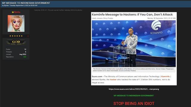 Tangkapan layar pesan hacker Bjorka untuk Kominfo di situs breached.to
