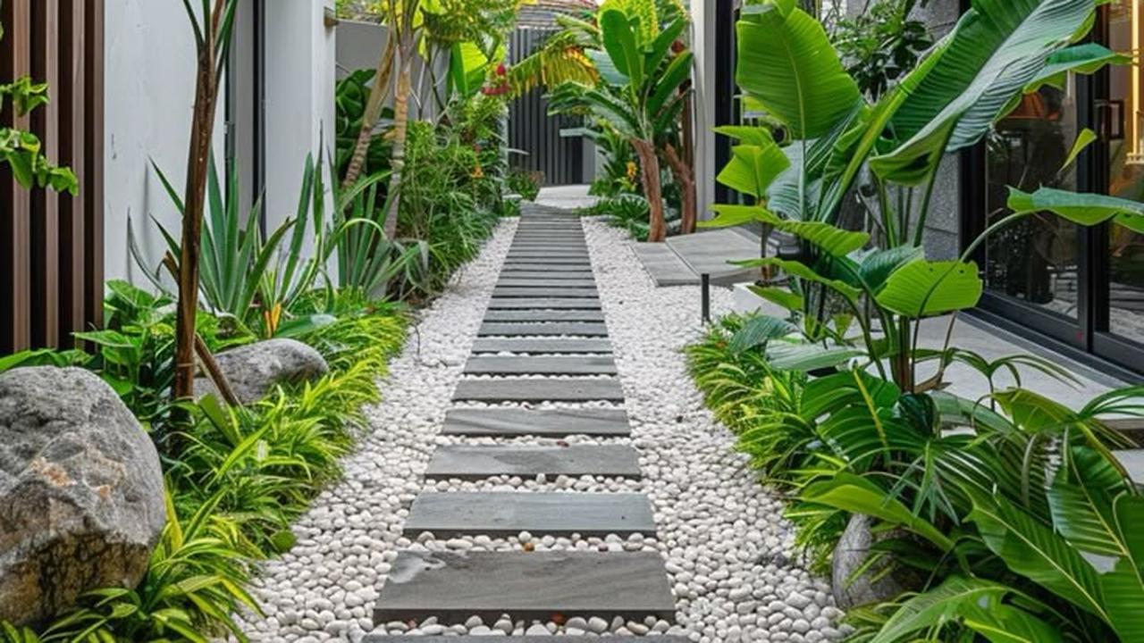 Ilustrasi Taman Depan Rumah dengan Lahan Sempit Bernuansa Tropis Minimalis (©Pinterest)