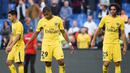 Striker Paris Saint-Germain, Kylian Mbappe, tampak kecewa usai gagal mengalahkan Montpellier pada laga Liga 1 Prancis, di Stadion de la Mosson, Sabtu (23/9/2017). Kedua tim bermain imbang 0-0. (AFP/Sylvain Thomas)