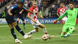 Striker timnas Prancis Kylian Mbappe (kiri) menendang bola ke gawang Kroasia pada pertandingan sepak bola final Piala Dunia 2018 di Stadion Luzhniki, Moskow (15/7). Kylian Mbappe mencetak gol pada menit ke-65. (AFP PHOTO / Franck Fife)