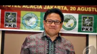 Muhaimin akan melakukan pembicaraan khusus dengan koalisi pengusung Joko Widodo-Jusuf Kalla terkait keinginan Jokowi agar menteri yang dipilih dari partai politik melepas jabatannya di partai, Jakpus, Rabu (20/8/2014) (Liputan6.com/Panji Diksana)
