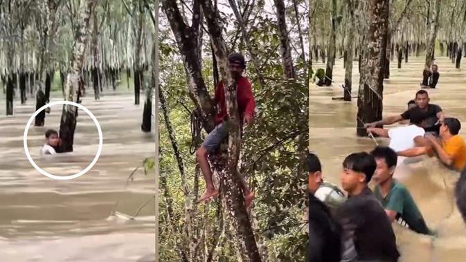 Detik-Detik Warga Evakuasi Pria Terjebak Arus di Kebun Karet Lampung Selatan