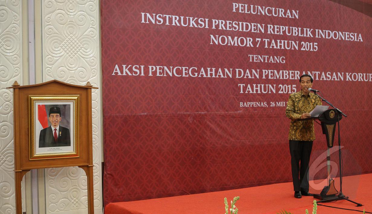 Presiden Joko Widodo saat membuka peluncuran Inpres tentang Aksi Pencegahan dan Pemberantasan Korupsi di Kantor Kementerian PPN/Bappenas, Jakarta, Selasa (26/5/2015). Inpres dimaksud adalah Inpres Nomor 7 Tahun 2015. (Liputan6.com/Faizal Fanani)