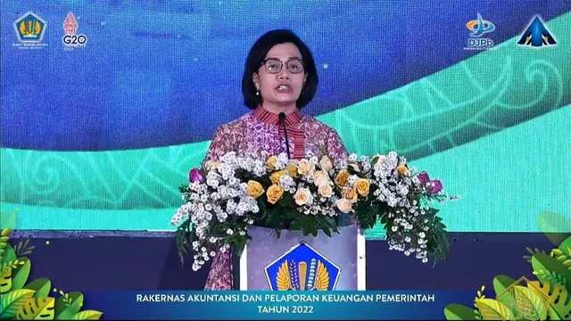 Menteri Keuangan Sri Mulyani Indrawati dalam Rakernas Akuntansi dan Pelaporan Keuangan Pemerintah Tahun 2022, di Gedung Dhanapala, Kementerian Keuangan, Kamis (22/9/2022).