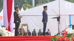 HUT ke-78 Bhayangkara mengangkat tema Polri Presisi Mendukung Percepatan Transformasi Ekonomi yang Inklusif dan Berkelanjutan Menuju Indonesia Emas. (Liputan6.com/Angga Yuniar)