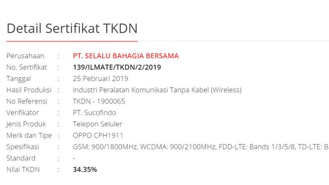 Perangkat Oppo mendapatkan sertifikat TKDN, diduga perangkat yang dimaksud adalah Oppo F11 (Foto: Screenshot P3DN Kemenperin)