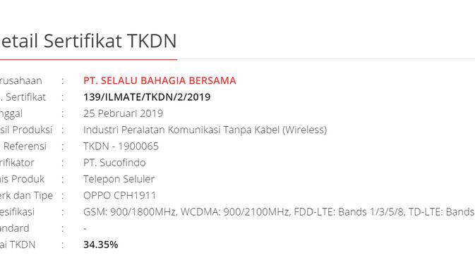 Perangkat Oppo mendapatkan sertifikat TKDN, diduga perangkat yang dimaksud adalah Oppo F11 (Foto: Screenshot P3DN Kemenperin)