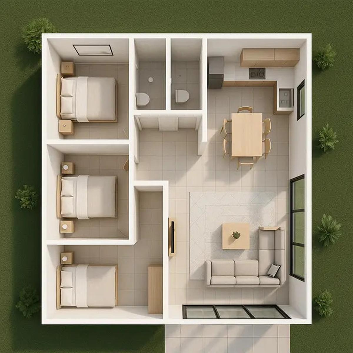 6 Denah Rumah Sederhana 9x9 3 Kamar dengan Gaya Minimalis Tren 2025
