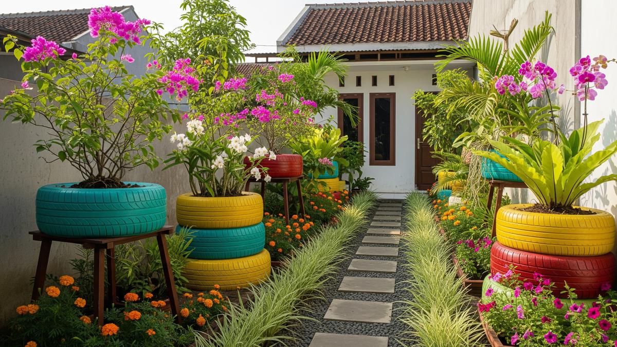 8 Desain Kebun Rumah Unik dari Ban Bekas untuk Halaman Kecil, Bentuknya Cantik