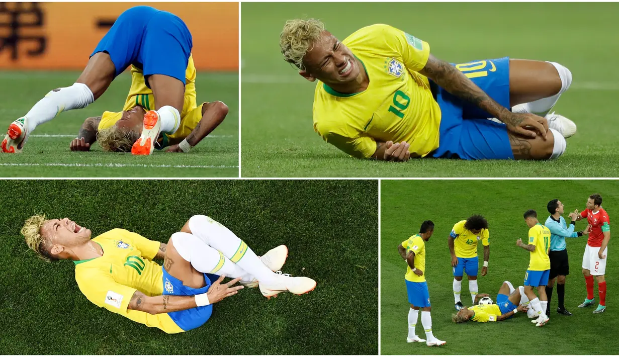 Berikut ini momen dan ekspresi striker Brasil, Neymar, saat dilanggar pemain lawan pada laga kontra Swiss di Piala Dunia 2018. (Foto-foto Kolase AP dan AFP).