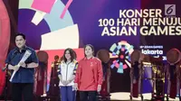 Ketua Pelaksana INASGOC Erick Thohir (kiri), Menko PMK Puan Maharani dan Susi Susanti memberikan sambutan saat peluncuran Torch Asian Games pada Konser 100 Hari Menuju Asian Games 2018 di Studio 6 Emtek, Jakarta, Kamis (10/5). (Liputan6.com/Faizal Fanani)