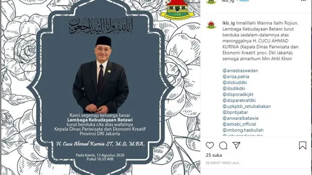 Kadis Pariwisata dan Ekonomi Kreatif DKI Cucu Ahmad Kurnia Tutup Usia