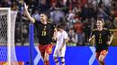 Tuan Rumah Belgia masih tak puas dengan kemenangan 4-1. Red Duivels kembali menambah angka lewat Leander Dendoncker di tujuh menit sebelum waktu normal pertandingan usai. (AFP/Geert Vanden Wijngaert)