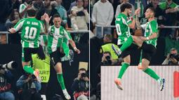 Pemain Real Betis, Antony dan Abde Ezzalzouli, melakukan selebrasi setelah mencetak gol ke gawang Lyon pada laga Liga Europa di Estadio La Cartuja, Jumat (7/11/2025) dini hari WIB. (AFP/Cristina Quicler)