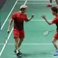 Ganda putra Indonesia, Kevin Sanjaya S/Marcus F Gideon bersorak saat melawan Fajar Alfian/M Rian Ardianto di Final Bulutangkis Asian Games 2018 di Istora GBK, Jakarta, Selasa (28/8). Kevin/Marcus unggul. (Liputan6.com/Helmi Fithriansyah)