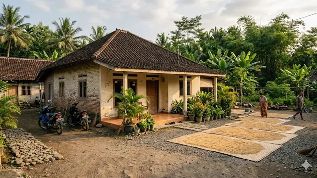 Model Rumah Kampung dengan Halaman Depan untuk Jemur Padi dan Parkir Motor
