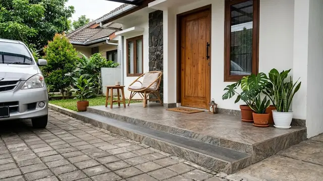 Teras Rumah dengan Lantai Naik Satu Anak Tangga
