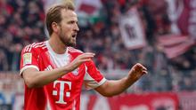 Penyerang Bayern Munich asal Inggris bernomor punggung 09, Harry Kane, merayakan gol yang membuat skor menjadi 0-2 dalam pertandingan Bundesliga divisi pertama Jerman antara SV Werder Bremen dan FC Bayern Munich di Bremen, Jerman utara, 14 Februari 2026. (Focke Strangmann/AFP)