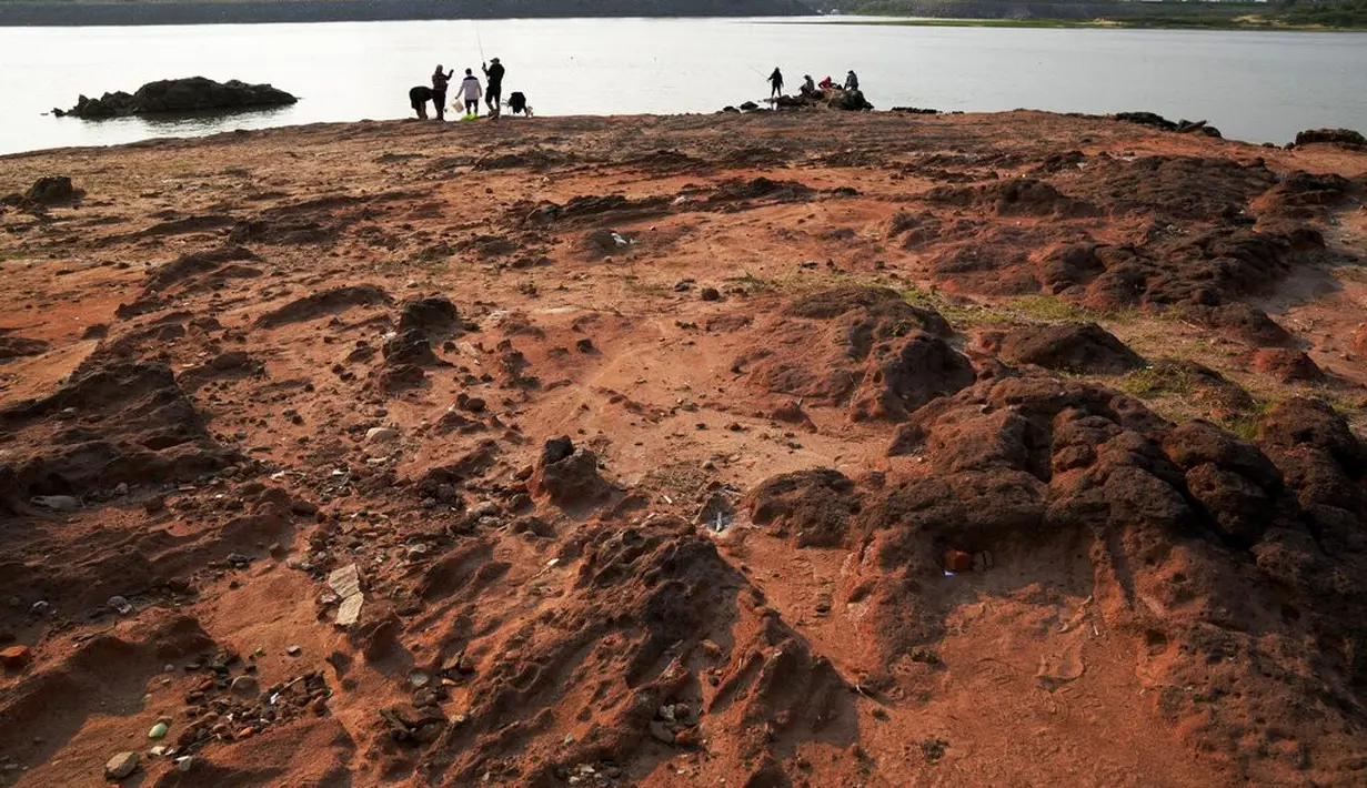Keluarga memancing di dasar sungai Paraguay yang terbuka, di tengah kekeringan bersejarah yang mempengaruhi ketinggian sungai, di Mariano Roque Alonso, Paraguay, Senin (20/9/2021).  (AP Photo/Jorge Saenz)