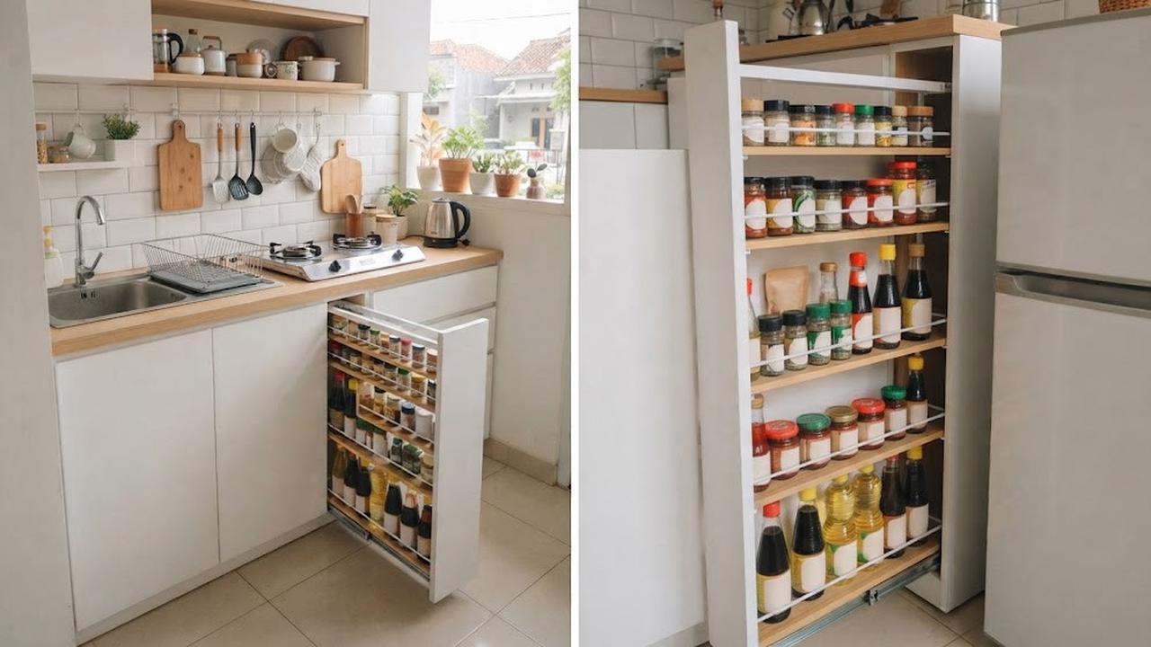 Tempat penyimpanan dapur minimalis modern yang cocok untuk rumah tipe kecil model rak tarik untuk ruang sempit