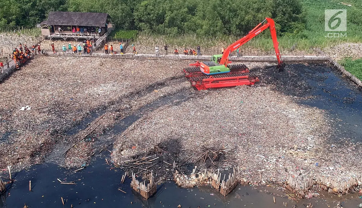 Petugas dengan menggunakan eskavator melakukan pengerukan sampah di kawasan Hutan Mangrove Ecomarine Muara Angke, Jakarta Utara, Minggu (18/3). Kemudian sampah yang terkumpul itu akan dibawa ke TPA Bantar Gebang, Bekasi. (Liputan6.com/Arya Manggala)