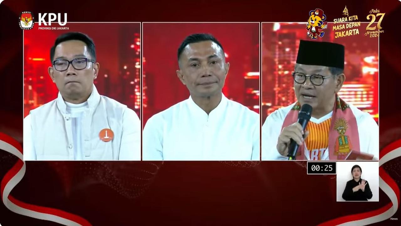 Ketiga Cagub Jakarta Ridwan Kamil, Dharma Pongrekun, dan Pramono Anung dalam debat perdana Pilkada Jakarta 2024, Minggu (6/10/2024) di JIExpo Kemayoran, Jakarta Pusat.