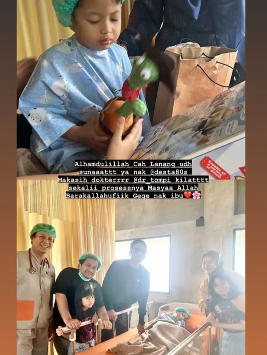 Berikut potret Desta dan Natasha Rizki saat mendampingi anak ketiganya sunat. Mantan suami istri ini memilih dokter Tompi untuk proses sunat putranya. Terlihat juga kakak Miquel juga menemani. [Instagram/natasharizkynew]